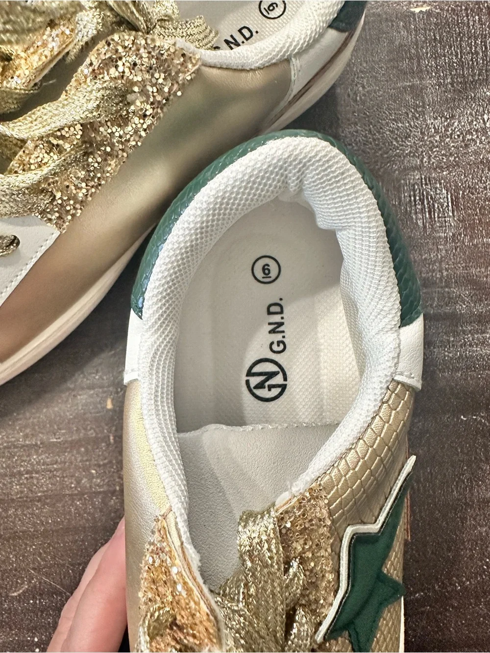 Women’s Gold Metallic & Green Star Leopard Accent Sneakers